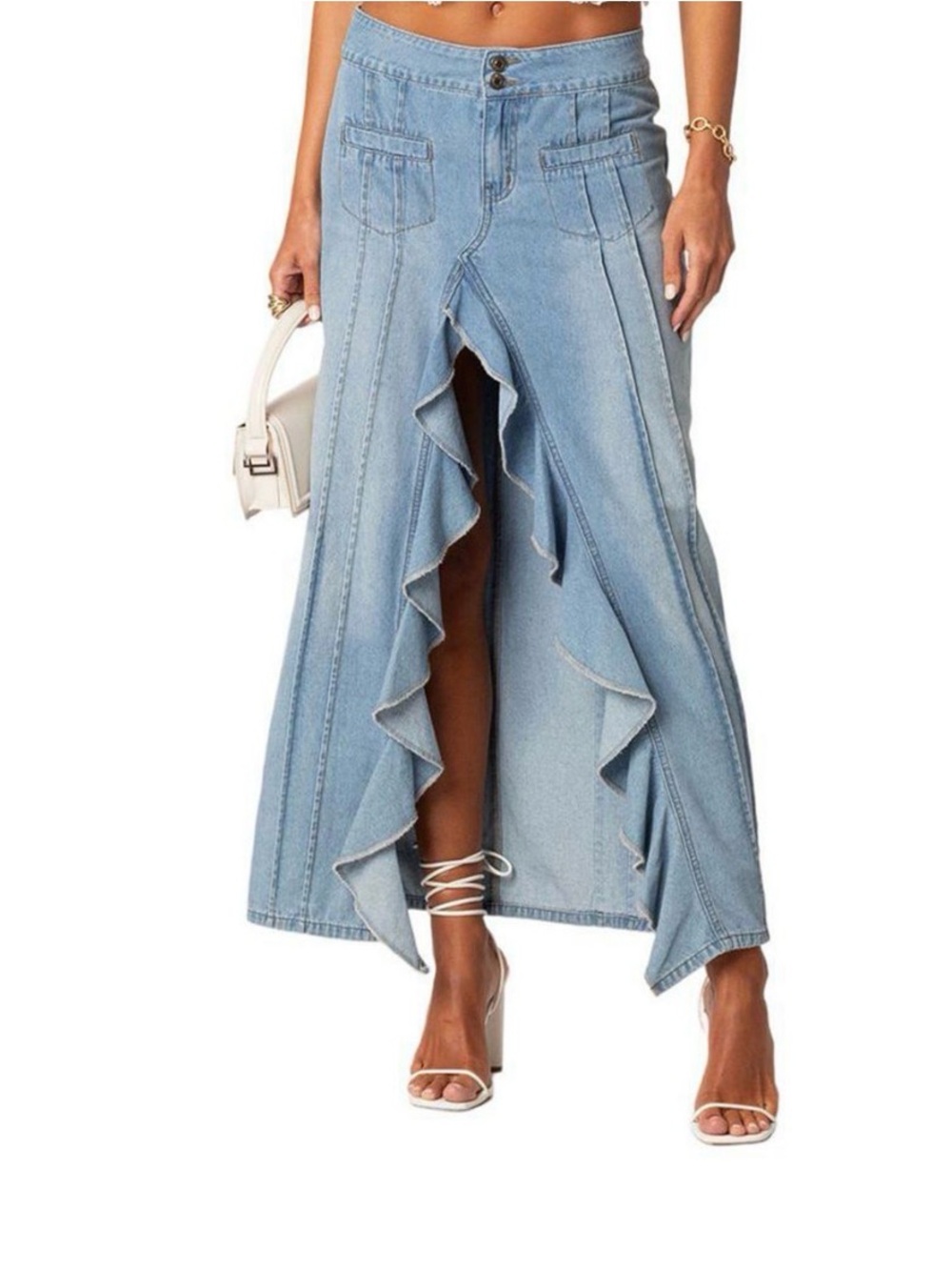 NWT Edikted Valencia Ruffle Slitted Denim Maxi Skirt